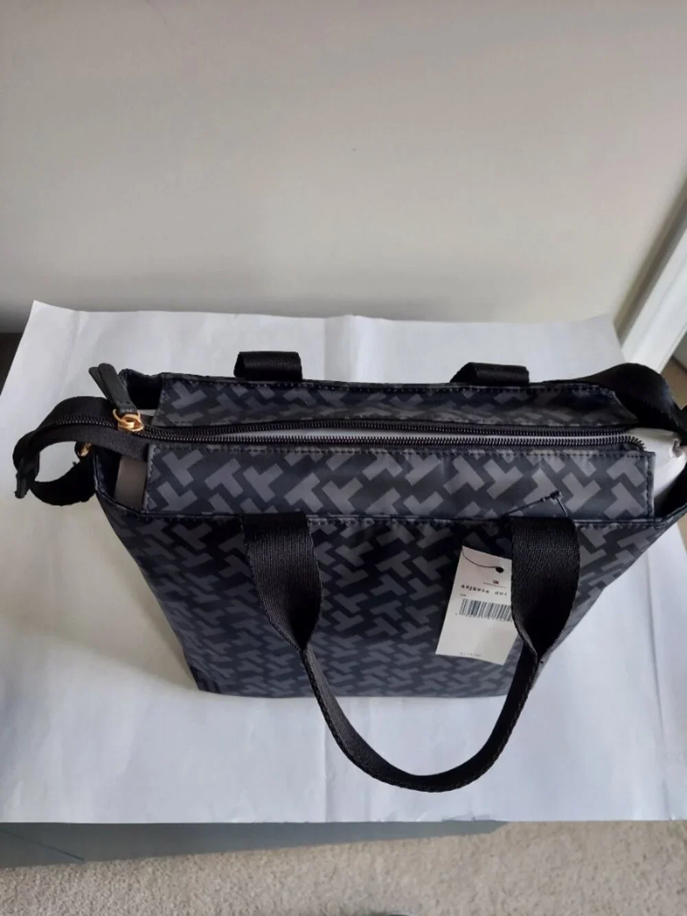 Tommy Hilfiger logo print structured bag nylon body, pocketed, gold tone detail